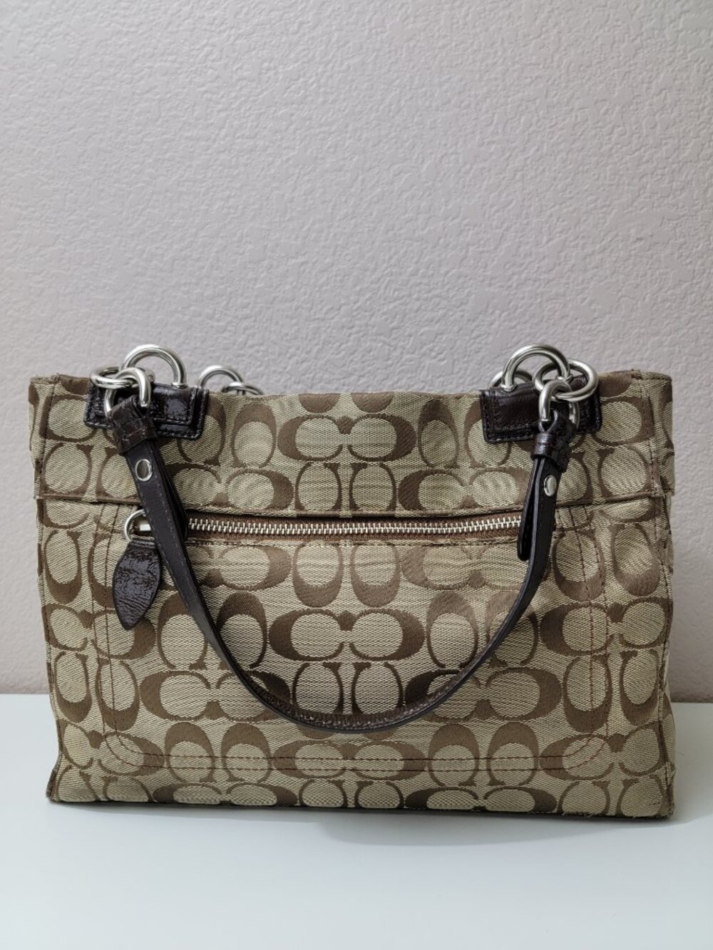 Coach Signature Tote Handbags Khaki Brown Patent Leather Turnlock Bag F16540 - Picture 4 of 12